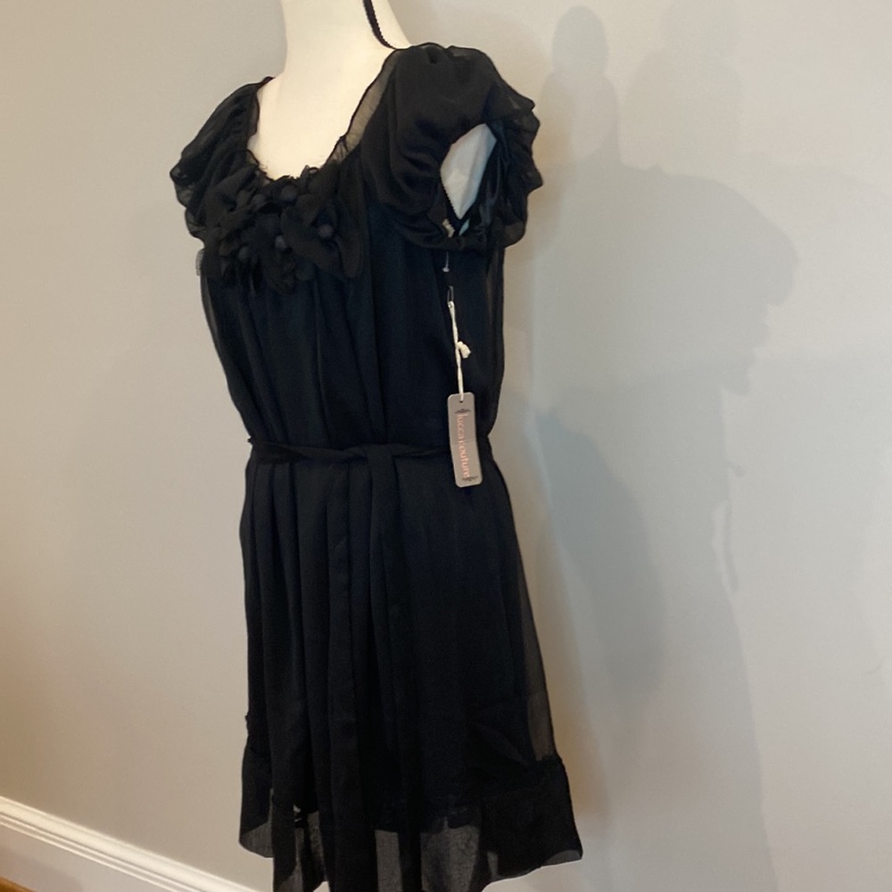 NWT Vintage Luca Couture mini dress puff sleeve black belted stretch appliqué - Picture 4 of 11